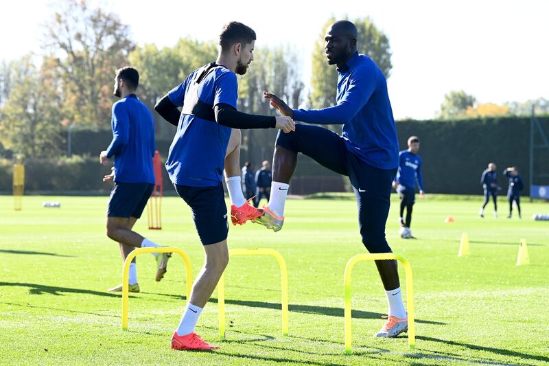 Jorginho and Kalidou Koulibaly of Chelsea during training at Cobham. 