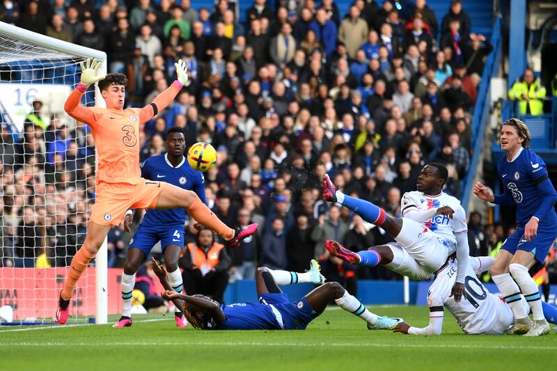 Palace's Tyrick Mitchell has his shot saved by Kepa Arrizabalaga. Getty