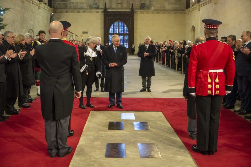 The king visits Westminster Hall to unveil a plaque marking the place of the lying-in-state of Queen Elizabeth II. PA