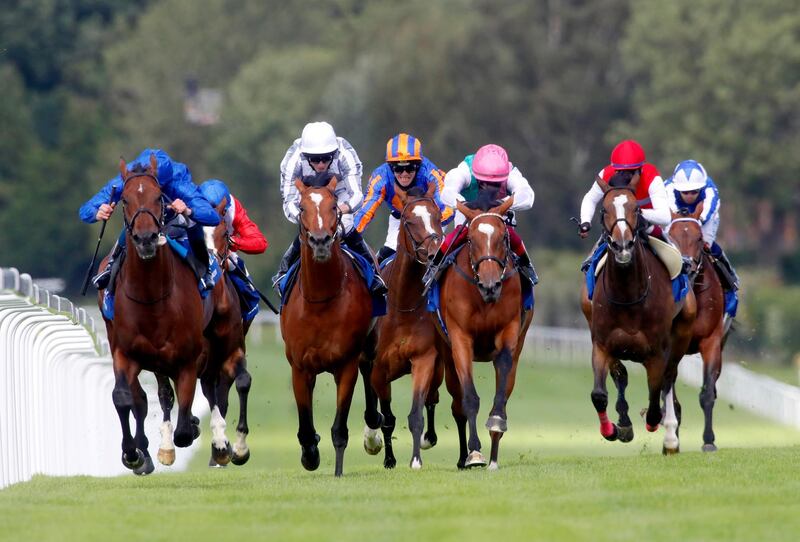 ESHER, ENGLAND - JULY 05: Ghaiyyath and William Buick (blue) winning The Coral-Eclipse from Enable (pink cap) at Sandown Park Racecourse on July 05, 2020 in Esher, England.  (Photo by Dan Abraham/Pool via Getty Images)