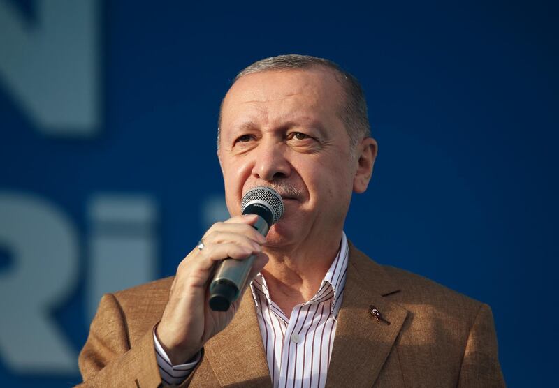 Turkey's President Recep Tayyip Erdogan addresses his ruling party members in eastern city of Malatya, Turkey, Sunday, Oct. 25, 2020. (Turkish Presidency via AP, Pool)