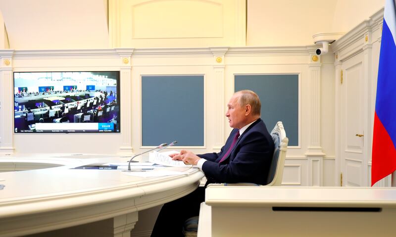 Russian President Vladimir Putin addressed the G20 summit by videoconference from Moscow last year. AP