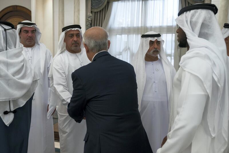 ABU DHABI, UNITED ARAB EMIRATES - January 29, 2018: (back R-L) HH Sheikh Nahyan bin Mubarak Al Nahyan, UAE Minister of State for Tolerance, HH Dr Sheikh Sultan bin Khalifa Al Nahyan, Advisor to the UAE President and HH Sheikh Mohamed bin Khalifa Al Nahyan, Abu Dhabi Executive Council Member, receive mourners who are offering condolences on the passing of HH Sheikha Hessa bint Mohamed Al Nahyan, at Mushrif Palace.

( Omar Al Askar for Crown Prince Court - Abu Dhabi )

---