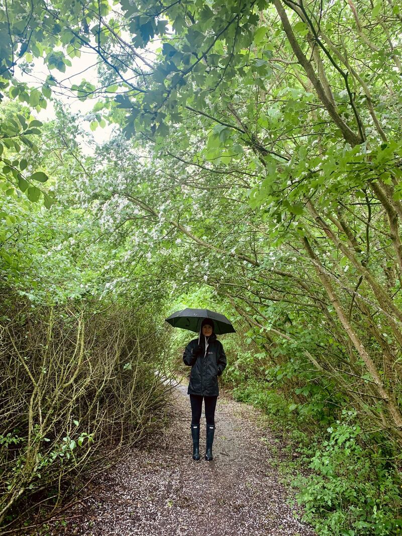 Kate Hazell walking in the rain in the UK, where she's been stuck during the coronavirus pandemic. Courtesy Kate Hazell