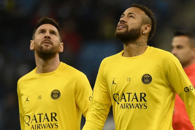 Paris Saint-Germain forwards Lionel Messi and  Neymar  ahead of the match. AFP