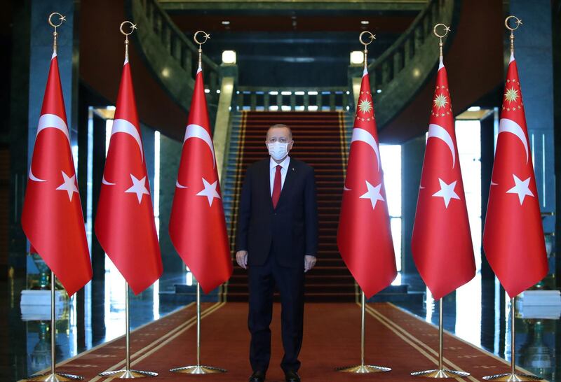 Turkish President Tayyip Erdogan attends a ceremony marking the 98th anniversary of Victory Day at the Presidential Palace in Ankara, Turkey, August 30, 2020. Presidential Press Office/Handout via REUTERS ATTENTION EDITORS - THIS PICTURE WAS PROVIDED BY A THIRD PARTY. NO RESALES. NO ARCHIVES.