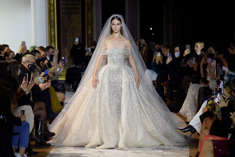 Bridalwear at the Zuhair Murad haute couture spring/summer 2022 show as part of Paris Fashion Week on January 26, 2022, in France. Getty 