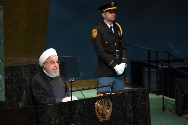 Iranian President Hassan Rouhani addresses the 73rd session of the United Nations General Assembly, Tuesday, Sept. 25, 2018 at U.N. headquarters. (AP Photo/Mary Altaffer)