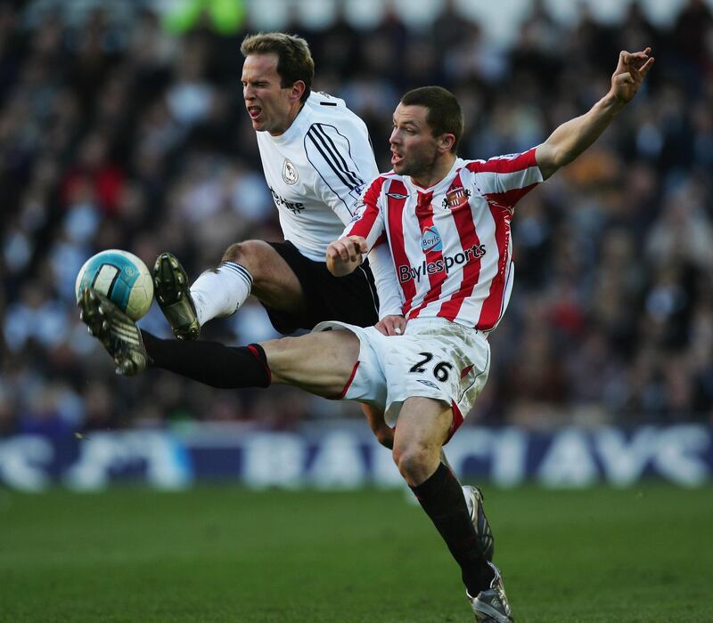 DERBY, UNITED KINGDOM - MARCH 01:  Phil Bardsley of Sunderland and Eddie Lewis of Derby County challenge for the ball during the Barclays Premier League match between Derby and Sunderland at Pride Park on March 01, 2008 in Derby, England.  (Photo by Matthew Lewis/Getty Images)