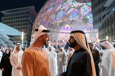 DUBAI, UNITED ARAB EMIRATES - January 29, 2020: HH Sheikh Mohamed bin Zayed Al Nahyan Crown Prince of Abu Dhabi Deputy Supreme Commander of the UAE Armed Forces (L) and HH Sheikh Mohamed bin Rashid Al Maktoum, Vice-President, Prime Minister of the UAE, Ruler of Dubai and Minister of Defence (R), attend the opening of Al Wasal Plaza at Expo 2020 Dubai site. ( Mohamed Al Hammadi / Ministry of Presidential Affairs ) ---