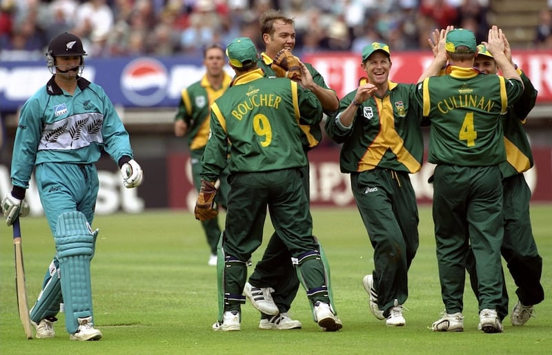 10 Jun 1999:  Jacques Kallis of South Africa takes the wicket of Nathan Astle of New Zealand in the World Cup Super Six match at Edgbaston in Birmingham, England. South Africa won by 74 runs. \ Mandatory Credit: Laurence Griffiths /Allsport