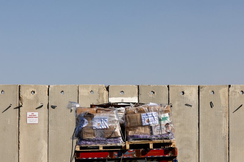 A lorry carrying humanitarian aid waits to enter the Gaza Strip via the Kerem Shalom crossing. Reuters