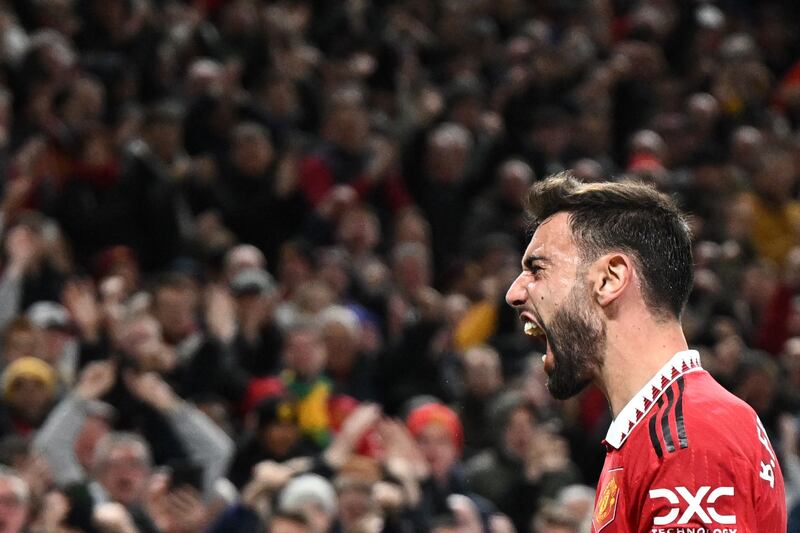 Manchester United midfielder Bruno Fernandes celebrates after scoring the second goal in the 2-0 Premier League win against Tottenham at Old Trafford on October 19, 2022. AFP