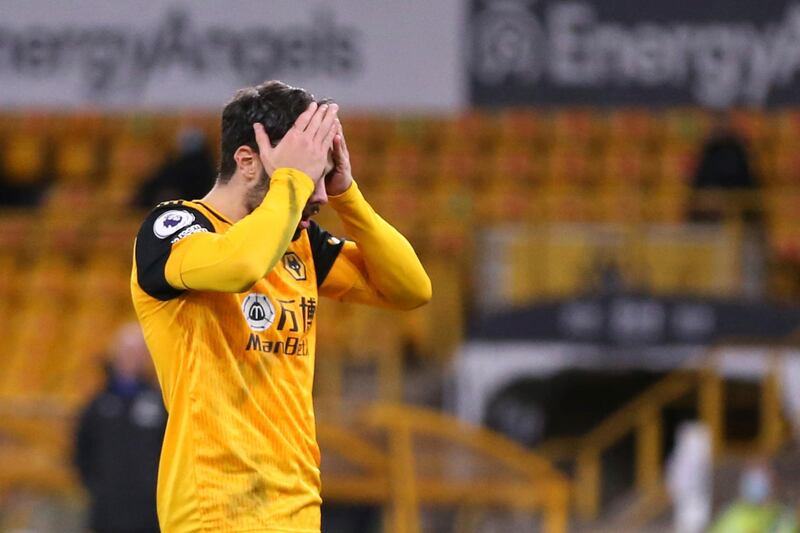 Wolverhampton Wanderers' Pedro Neto reacts after a missed scoring opportunity . AP