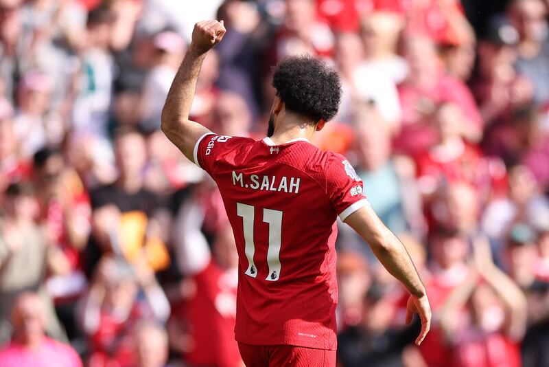 Mohamed Salah of Liverpool celebrates scoring the opener. EPA