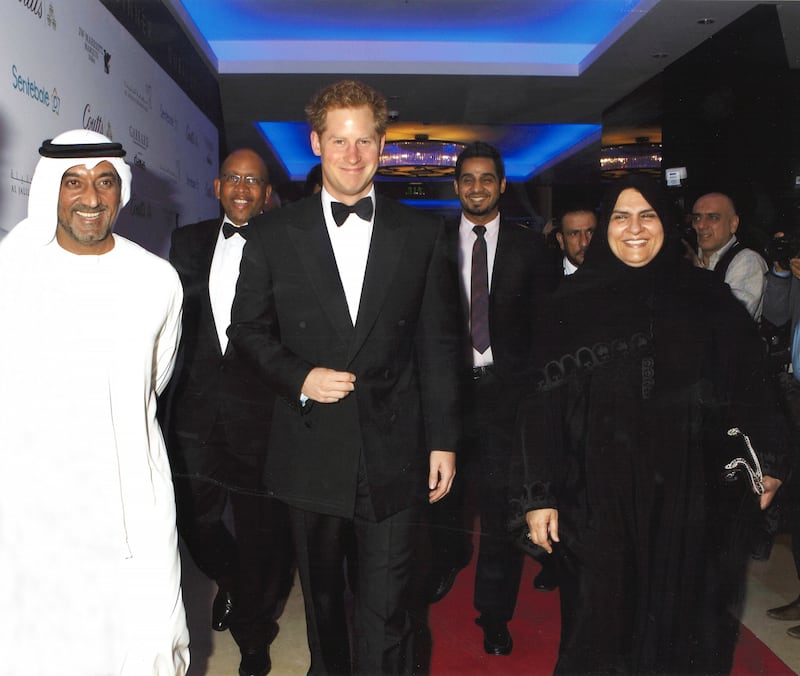 Raja Al Gurg with Emirates Group chairman Sheikh Ahmed bin Saeed and Prince Harry. Photo: Motivate Publishing