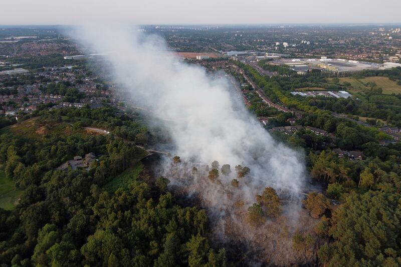 A large wildfire in woodland at Lickey Hills Country Park on the edge of Birmingham. AP