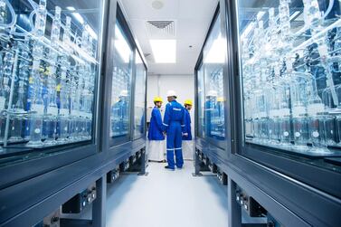 Abu Dhabi, United Arab Emirates, October 10, 2016: Students from ADNOC schools male campus tour the core cleaning lab at the Schlumberger operational base in the ICAD II area of Musaffah in Abu Dhabi on October 10, 2016. The tour is part of a program hosted by Young ADIPEC, a program to introduce students to careers in oil and gas sector. Christopher Pike / The National Job ID: 20963 Reporter: Roberta Pennington Section: News Keywords: *** Local Caption *** CP1010-na-YoungADIPEC09.JPG