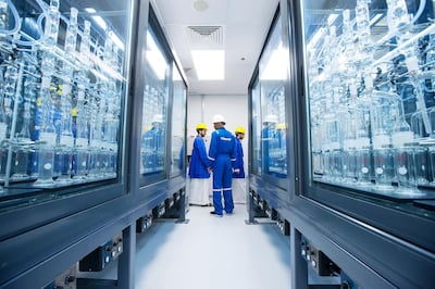 Abu Dhabi, United Arab Emirates, October 10, 2016:    Students from ADNOC schools male campus tour the core cleaning lab at the Schlumberger operational base in the ICAD II area of Musaffah in Abu Dhabi on October 10, 2016. The tour is part of a program hosted by Young ADIPEC, a program to introduce students to careers in oil and gas sector. Christopher Pike / The National

Job ID: 20963
Reporter: Roberta Pennington
Section: News
Keywords:  *** Local Caption ***  CP1010-na-YoungADIPEC09.JPG