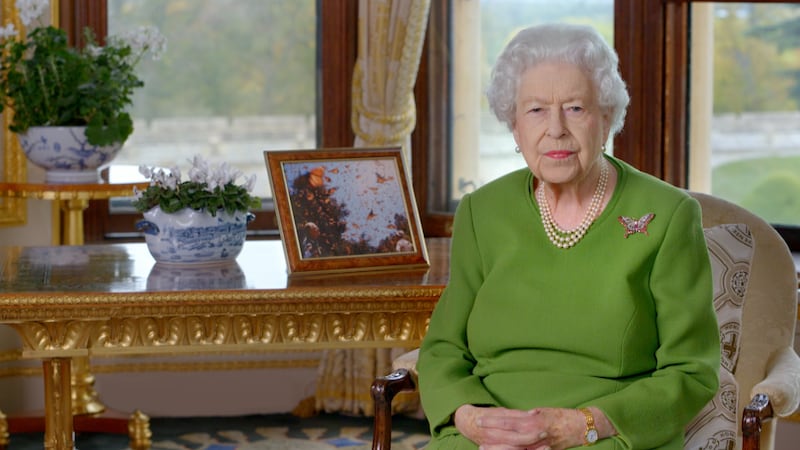 Queen Elizabeth recording the  video message broadcast to attendees at an evening reception to mark the opening day of the Cop26 summit in Glasgow on November 1, 2021.