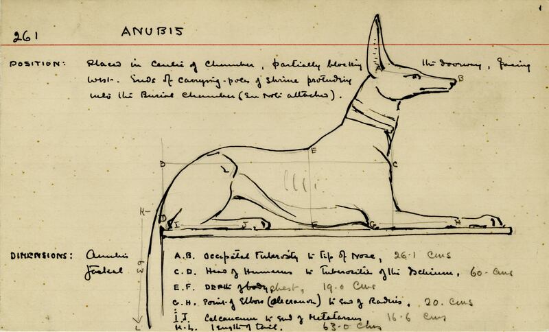 One of Carter’s record cards showing his drawing of the jackal god Anubis with notes and measurements. Photo: Griffith Institute / University of Oxford