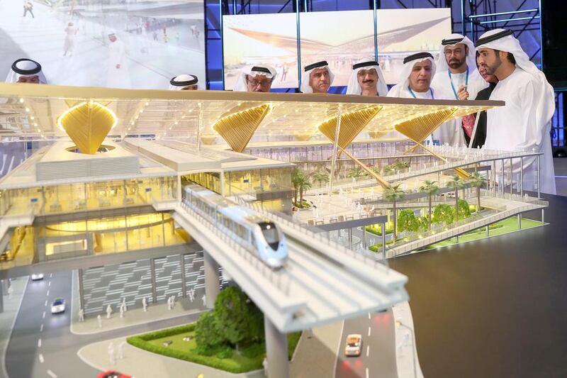 Sheikh Hamdan bin Mohammed, Crown Prince of Dubai, observes a model of one of the stations which will be built as part of the extension of the Dubai Metro’s Red Line. Wam