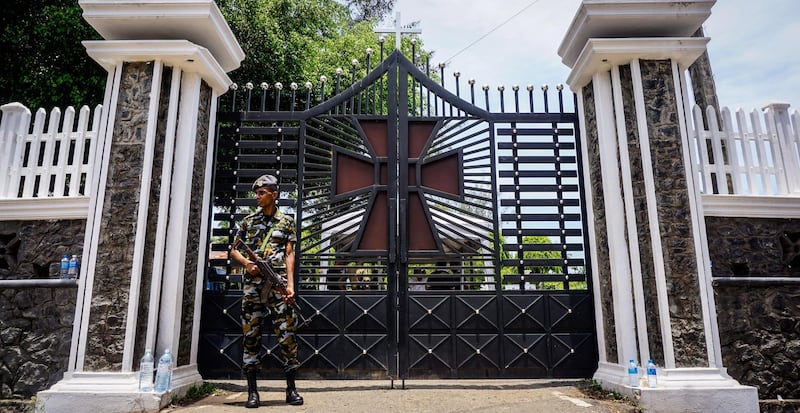 A Sri Lankan security officer guards St Sebastian’s Church in Negombo, Sri Lanka, April 23, 2019. Jack Moore / The National. 