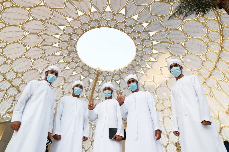 Students from Abu Dhabi Police Academy beneath the stunning Al Wasl Plaza dome.