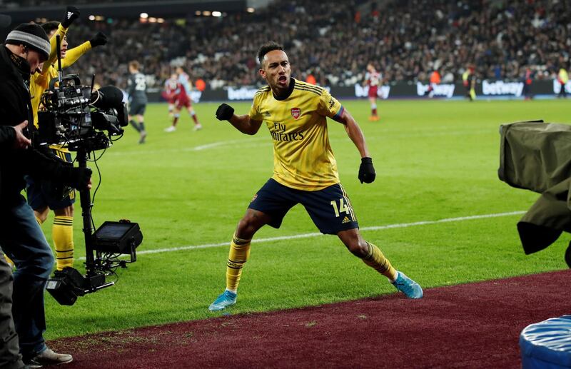 Arsenal's Pierre-Emerick Aubameyang celebrates scoring their third goal. Reuters