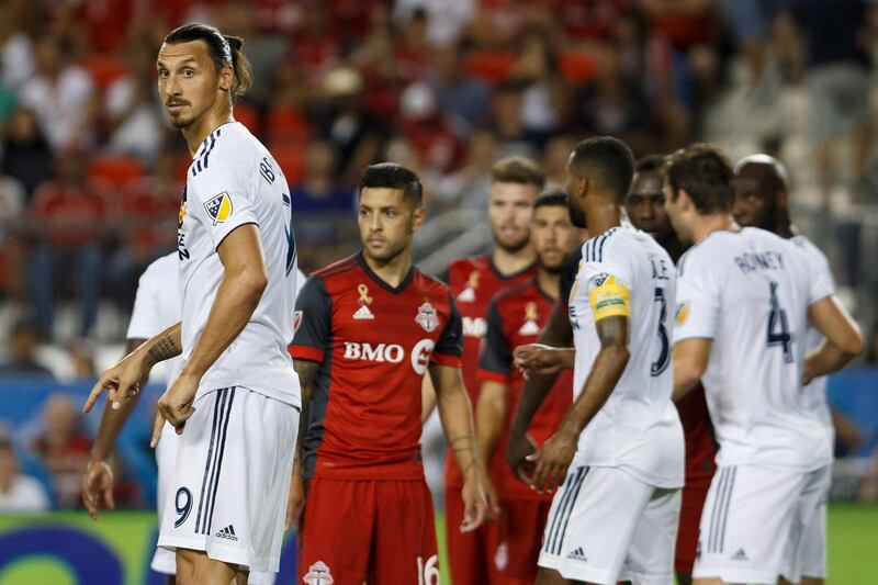 Los Angeles Galaxy forward Zlatan Ibrahimovic gets ready to defend a free kick during the second half of the game against Toronto FC. Canadian Press via AP