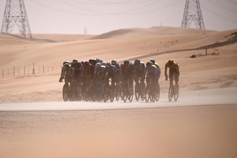 The cyclists against the desert backdrop. AP