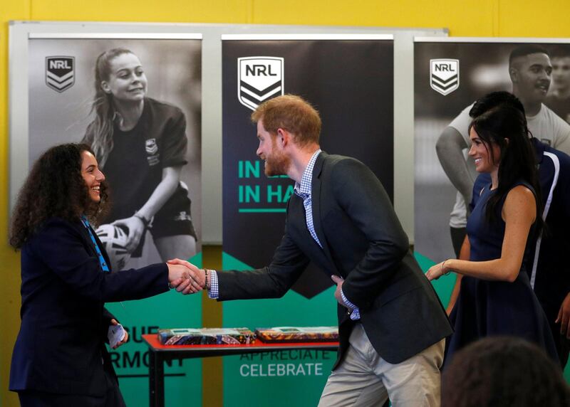 Prince Harry and his wife Meghan visit Macarthur Girls High School in Sydney. Reuters