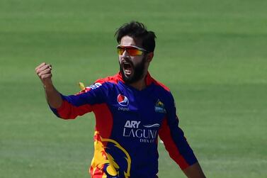 Karachi Kings' captain Imad Wasim celebrates after taking the wicket of Multan Sultans' Chris Lynn (not pictured) during the Pakistan Super League (PSL) T20 cricket match between Karachi Kings and Multan Sultans at the National Stadium in Karachi on February 27, 2021. (Photo by Asif HASSAN / AFP)