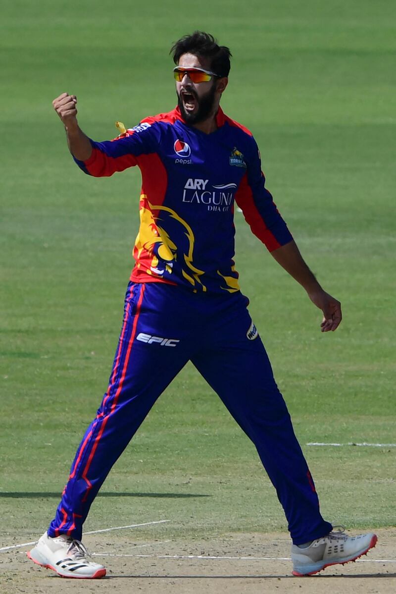Karachi Kings' captain Imad Wasim celebrates after taking the wicket of Multan Sultans' Chris Lynn (not pictured) during the Pakistan Super League (PSL) T20 cricket match between Karachi Kings and Multan Sultans at the National Stadium in Karachi on February 27, 2021. (Photo by Asif HASSAN / AFP)