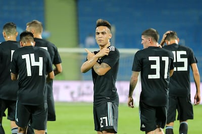 epa07086648 Argentina's Lautaro Martinez celebrates after scoring a goal during the international friendly soccer match between Argentina and Iraq, in Riyadh, Saudi Arabia, 11 October 2018.  EPA/AHMED YOSRI