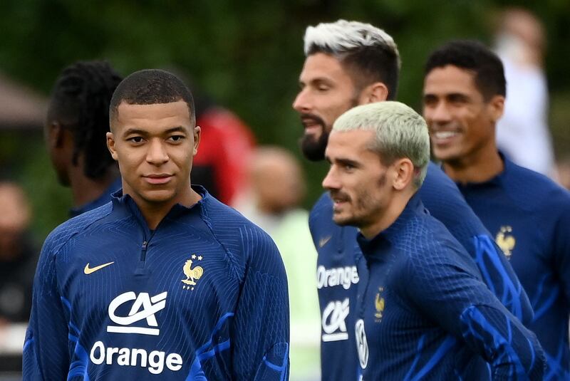 France forwards Kylian Mbappe, left, and Antoine Griezmann attend a training session in Clairefontaine-en-Yvelines on September 20, 2022 as part of the team's preparation for the upcoming Uefa Nations League fixtures. AFP