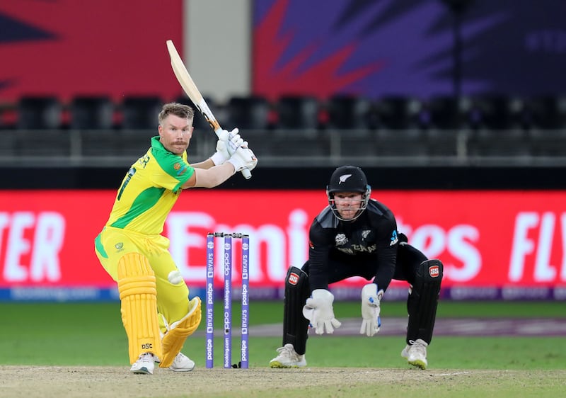 Australia's David Warner scored a fine fifty to set up victory over New Zealand in the T20 World Cup final at the Dubai International Stadium. Chris Whiteoak / The National