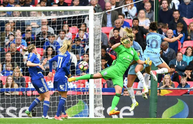 Carli Lloyd of Manchester City scores her side’s third goal during the SSE Women’s FA Cup final.