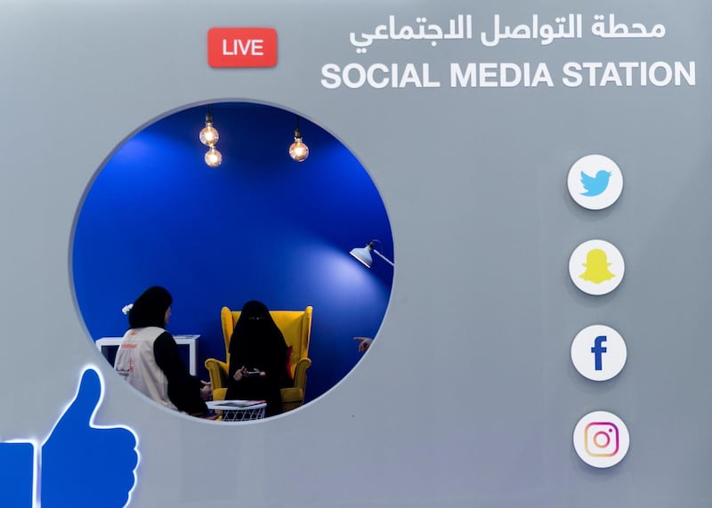 SHARJAH, UNITED ARAB EMIRATES. 30 October 2019. 
Social media station at the 38th Sharjah International Book Fair edition at Expo Centre Sharjah, offering more than 1.6 million titles to publishers as well as eager readers of all ages.

(Photo: Reem Mohammed/The National)

Reporter:
Section: