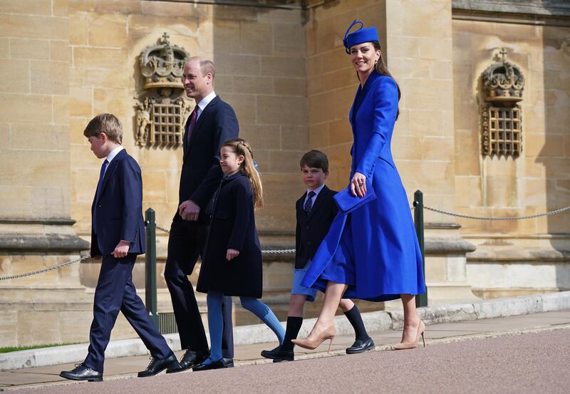 Prince George, Prince William, Princess Charlotte, Prince Louis and Catherine attend the Easter Mattins Service at St George's Chapel, Windsor, in April 2023