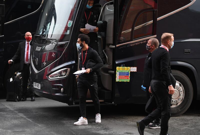 Mohamed Salah of Liverpool arrives at Old Trafford on Thursday. Getty