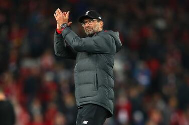 LIVERPOOL, ENGLAND - OCTOBER 02: Jurgen Klopp, Manager of Liverpool applauds fans during the UEFA Champions League group E match between Liverpool FC and RB Salzburg at Anfield on October 02, 2019 in Liverpool, United Kingdom. (Photo by Clive Brunskill/Getty Images)