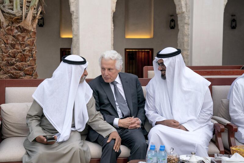 ABU DHABI, UNITED ARAB EMIRATES - February 11, 2020: HH Sheikh Nahyan bin Mubarak Al Nahyan, UAE Minister of State for Tolerance (L) and HH Major General Sheikh Khaled bin Mohamed bin Zayed Al Nahyan, Deputy National Security Adviser, member of the Abu Dhabi Executive Council and Chairman of Abu Dhabi Executive Office  (R) attend a barza, at Qasr Al Hosn. 

( Mohamed Al Hammadi / Ministry of Presidential Affairs )
---