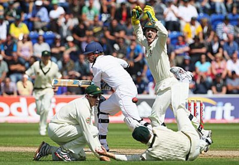 Brad Haddin, the Australian wicketkeeper, reacts after an edge from Stuart Broad, the England left-hander, flies through the slips on the final day.