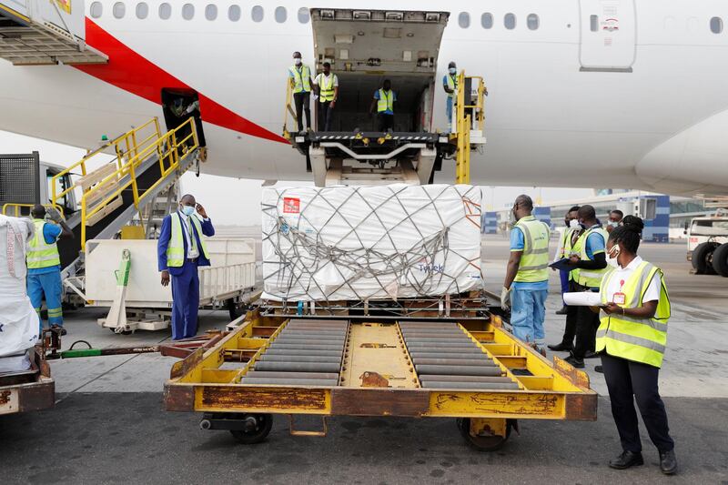 On 24 February 2021, staff unloads the first shipment of COVID-19 vaccines distributed by the COVAX Facility at the Kotoka International Airport in Accra, Ghana's capital. 

The shipment with 600 doses of the vaccine also represents the beginning of what should be the largest vaccine procurement and supply operation in history. The COVAX Facility plans to deliver close to 2 billion doses of COVID-19 vaccines this year. This is an unprecedented global effort to make sure all citizens have access to vaccines.
Anne-Claire Dufay UNICEF UNICEF Representative in Ghana and WHO country representative Francis Kasolo said in a joint statement:
After a year of disruptions due to the COVID-19 pandemic, with more than 80,700 Ghanaians getting infected with the virus and over 580 lost lives, the path to recovery for the people of Ghana can finally begin.

"This is a momentous occasion, as the arrival of the COVID-19 vaccines into Ghana is critical in bringing the pandemic to an end," 

These 600,000 COVAX vaccines are part of an initial tranche of deliveries of the AstraZeneca / Oxford vaccine licensed to the Serum Institute of India, which represent part of the first wave of COVID vaccines headed to several low and middle-income countries.
“The shipments also represent the beginning of what should be the largest vaccine procurement and supply operation in history. The COVAX Facility plans to deliver close to 2 billion doses of COVID-19 vaccines this year. This is an unprecedented global effort to make sure all citizens have access to vaccines.
“We are pleased that Ghana has become the first country to receive the COVID-19 vaccines from the COVAX Facility. We congratulate the Government of Ghana – especially the Ministry of Health, Ghana Health Service, and Ministry of Information - for its relentless efforts to protect the population. As part of the UN Country Team in Ghana, UNICEF and WHO reiterate our commitment to support the vaccination campaign and contain the spread 