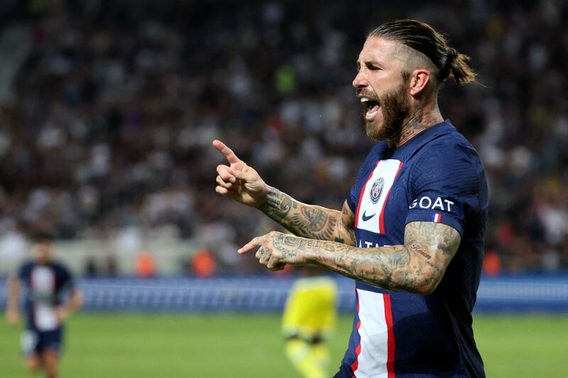 Sergio Ramos celebrates his goal and the third of the match during the Trophee des Champions. AFP