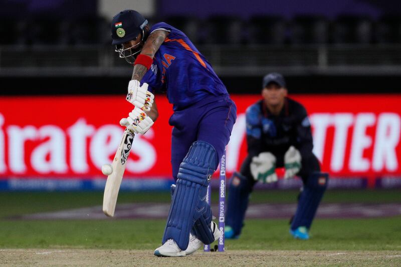 KL Rahul plays a shot against Namibia in Dubai. Reuters