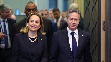 US Nato representative Julianne Smith and Secretary of State Antony Blinken arrive at Nato headquarters in Brussels in March 2022. AFP