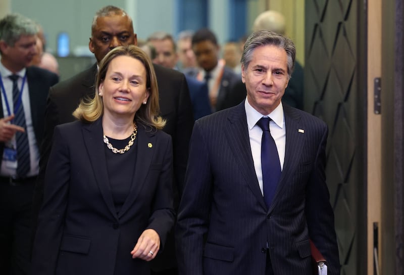 US Nato representative Julianne Smith and Secretary of State Antony Blinken arrive at Nato headquarters in Brussels in March 2022. AFP