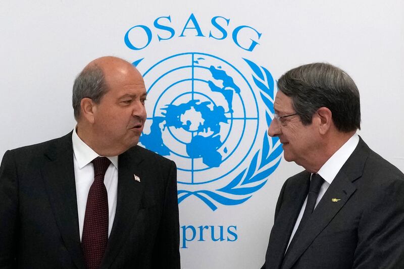 Earlier this month, Cyprus's Greek Cypriot President Nicos Anastasiades, right, and Ersin Tatar, leader of the Turkish Cypriots, met inside a UN-controlled buffer zone that cuts across the capital Nicosia to kick off an initiative to give women an equal say in any renewed push to reunite the island nation.  EPA
